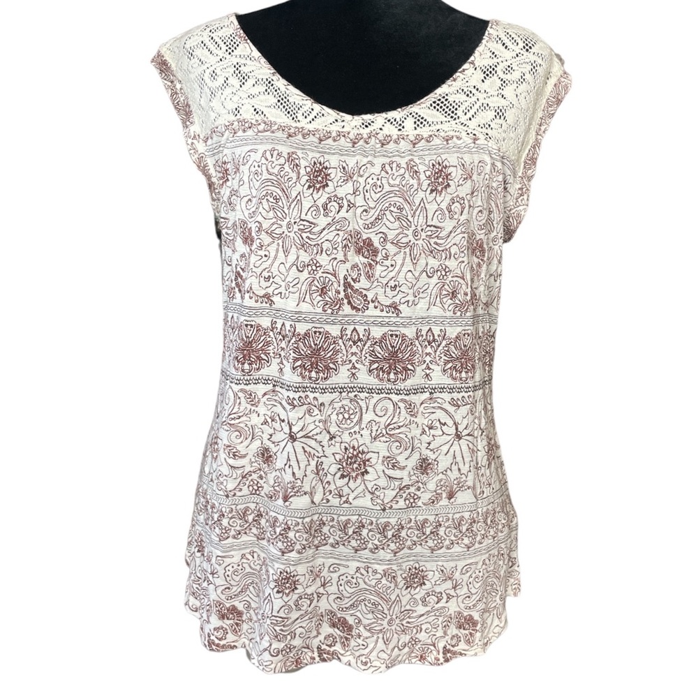 Bob Timberlake Lace Shoulder White & Brown Floral Sleeveless Shirt